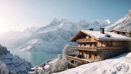 Winter alpine landscape with wooden chalet and lake, Switzerlandの素材