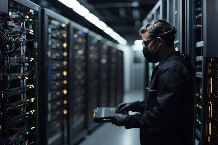 Serious young man in protective mask holding tablet while standing in server roomの素材