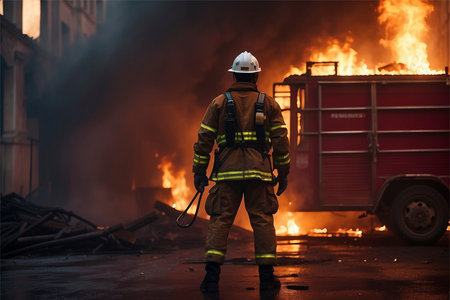 Firefighter in action during a training fire. Firefighter in action.の素材