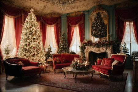 Christmas tree with red armchairs in the interior of the room.の素材