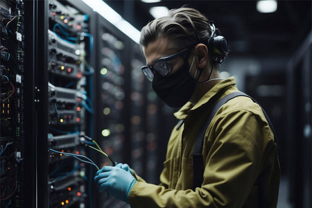 young technician in protective mask and glasses working with server in datacenterの素材