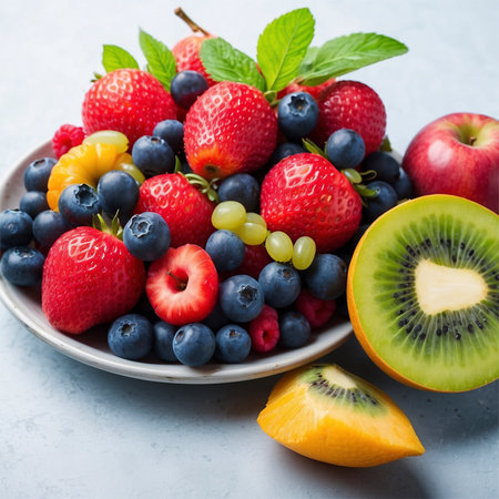 Fresh fruits and berries in a plate on a light background. Selective focus.の素材