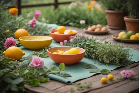 Lemons, lemons and herbs in ceramic bowls on wooden tableの素材