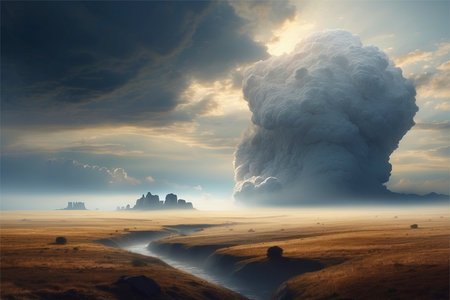 Big cloud over the desert. 3d render of a beautiful landscapeの素材
