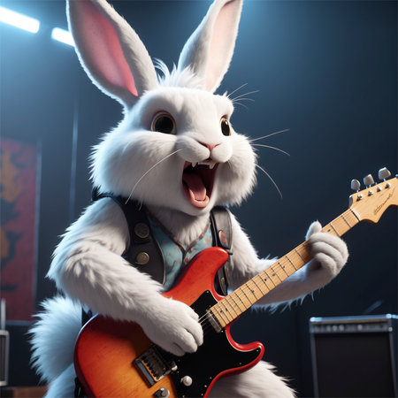 Rabbit playing the electric guitar and singing. 3D rendering.の素材