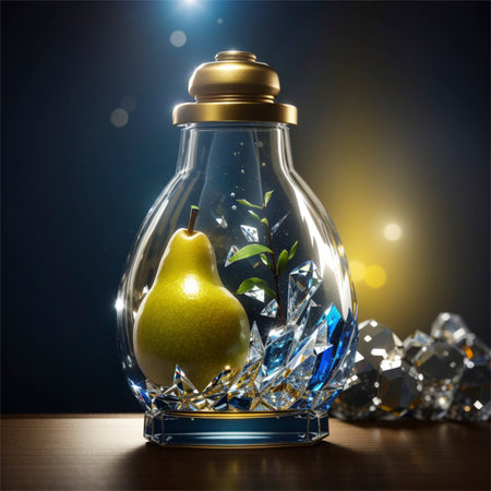 Pear in a glass bottle on a dark background. 3d renderingの素材