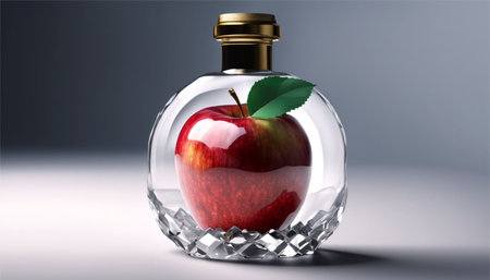 Red apple inside a bottle of perfume. 3D rendered illustration.の素材