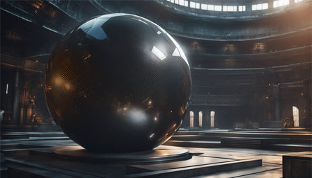 3D rendering of a big black sphere on a stage in a dark roomの素材