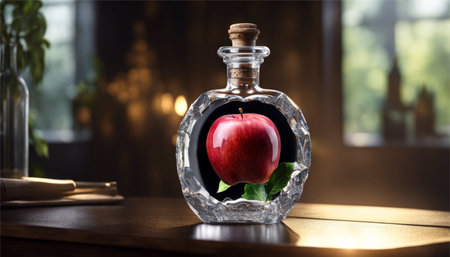 Apple in a bottle on a wooden table in a restaurant. 3d renderingの素材