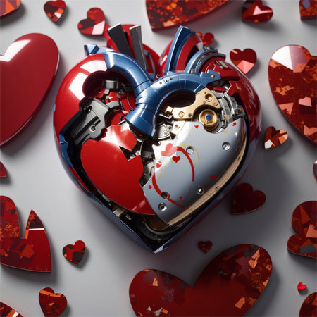 3d illustration of Valentine's day background with red hearts on greyの素材