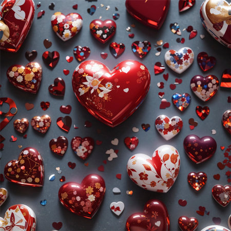 Valentine's day background with red and white hearts on dark backgroundの素材