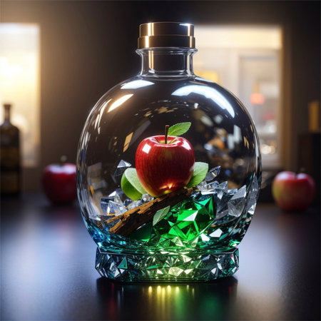 Glass decanter with apple and ice cubes on a black backgroundの素材