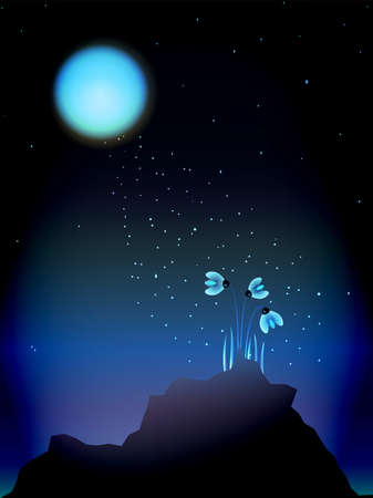 Flowers glow under the moonlight and sparkle. Illustration vector.のイラスト素材