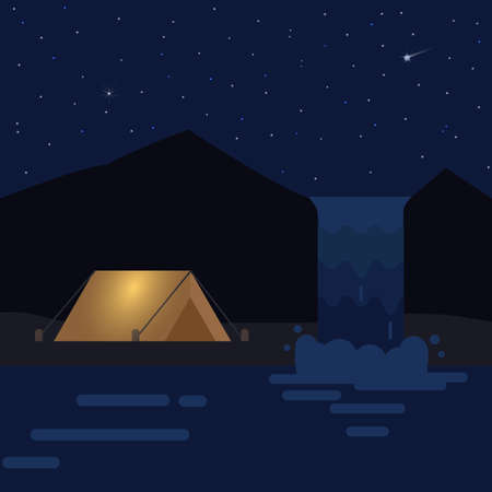 Night landscape with tents, mountains and waterfall. Vector illustration.
のイラスト素材