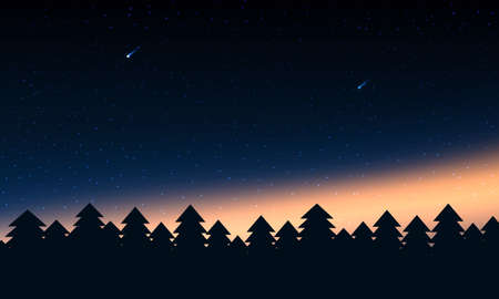 Forest silhouettes with aurora lights and star. Vector illustration.のイラスト素材