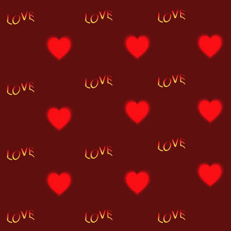 Heart and text love on red background . Vector pattern
