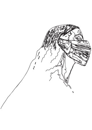 girl wearing face mask line art illustrationのイラスト素材