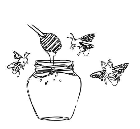 bees and a bottle of honey illustrationのイラスト素材