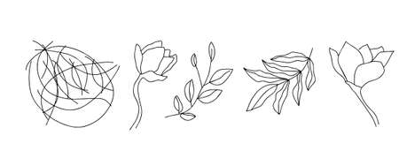 set of flower leaves stem line art vector illustrationのイラスト素材