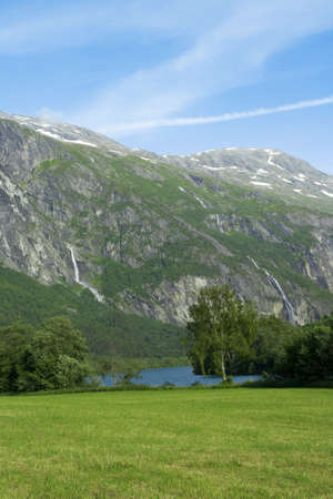 Mountain landscape, meadow, river, falls