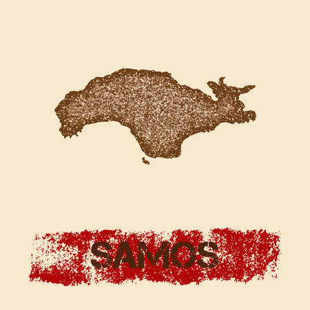 Samos distressed map. Grunge patriotic poster with textured island ink stamp and roller paint mark.のイラスト素材