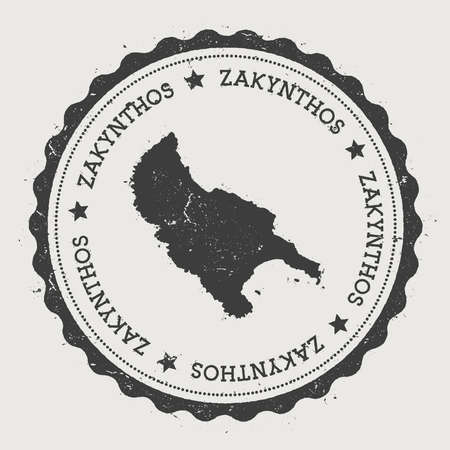 Zakynthos Island sticker. Hipster round rubber stamp with island map. Vintage passport sign with circular text and stars, vector illustration.のイラスト素材