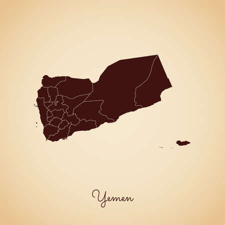 Yemen region map: retro style brown outline on old paper background. Detailed map of Yemen regions. Vector illustration.のイラスト素材