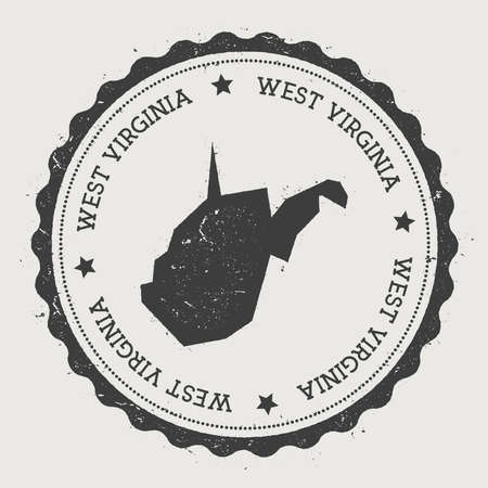 West Virginia vector sticker. Hipster round rubber stamp with US state map. Vintage passport stamp with circular West Virginia text and stars, USA map vector illustration.のイラスト素材