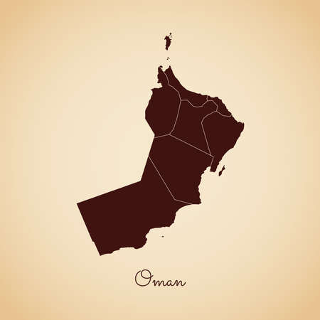 Oman region map: retro style brown outline on old paper background. Detailed map of Oman regions. Vector illustration.のイラスト素材