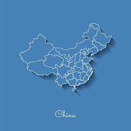 China region map: blue with white outline and shadow on blue background. Detailed map of China regions. Vector illustration.のイラスト素材