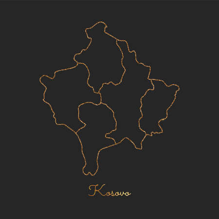 Kosovo region map: golden glitter outline with sparkling stars on dark background. Detailed map of Kosovo regions. Vector illustration.のイラスト素材