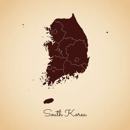 South Korea region map: retro style brown outline on old paper background. Detailed map of South Korea regions. Vector illustration.のイラスト素材