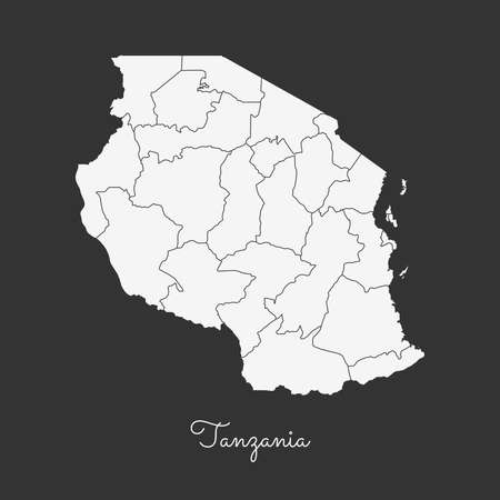 Tanzania region map: white outline on grey background. Detailed map of Tanzania regions. Vector illustration.のイラスト素材