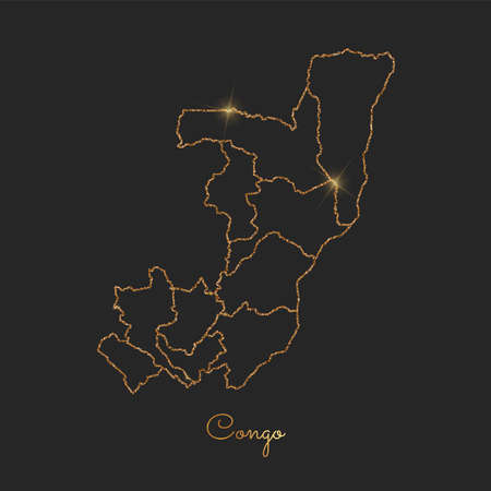 Congo region map: golden glitter outline with sparkling stars on dark background. Detailed map of Congo regions. Vector illustration.のイラスト素材
