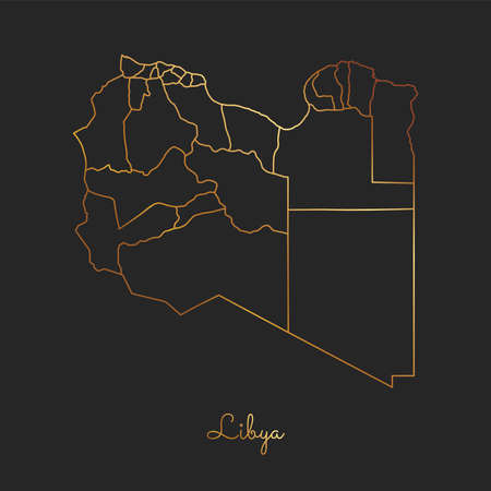 Libya region map: golden gradient outline on dark background. Detailed map of Libya regions. Vector illustration.のイラスト素材