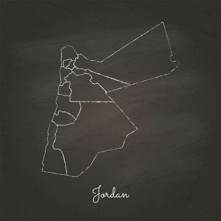 Jordan region map: hand drawn with white chalk on school blackboard texture. Detailed map of Jordan regions. Vector illustration.のイラスト素材