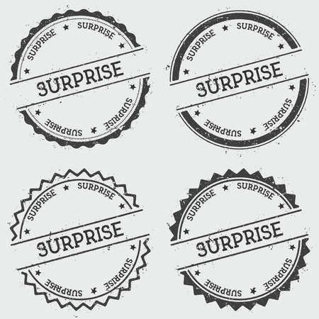 SURPRISE insignia stamp isolated on white background. Grunge round hipster seal with text, ink texture and splatter and blots, vector illustration.のイラスト素材