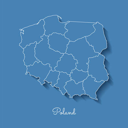 Poland region map: blue with white outline and shadow on blue background. Detailed map of Poland regions. Vector illustration.のイラスト素材