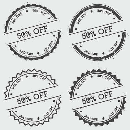 50% off insignia stamp isolated on white background. Grunge round hipster seal with text, ink texture and splatter and blots, vector illustration.のイラスト素材