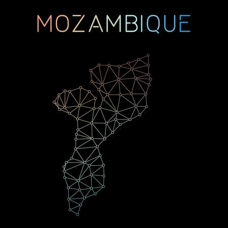 Mozambique network map. Abstract polygonal map design. Network connections vector illustration.のイラスト素材