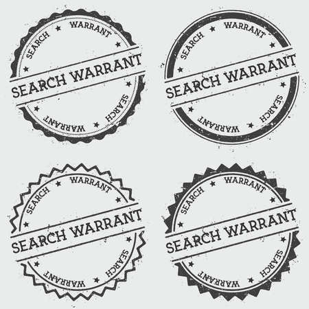 Search warrant insignia stamp isolated on white background. Grunge round hipster seal with text, ink texture and splatter and blots, vector illustration.のイラスト素材