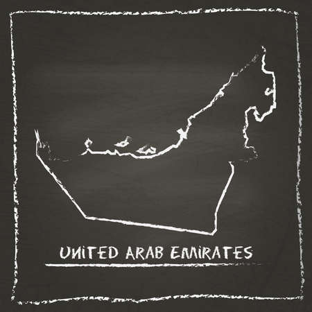United Arab Emirates outline vector map hand drawn with chalk on a blackboard. Chalkboard scribble in childish style. White chalk texture on black background.のイラスト素材