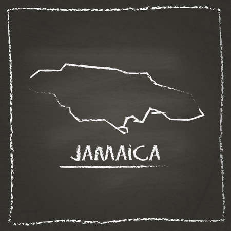 Jamaica outline vector map hand drawn with chalk on a blackboard. Chalkboard scribble in childish style. White chalk texture on black background.のイラスト素材