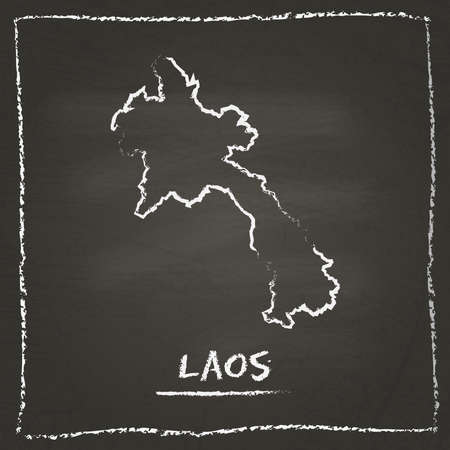 Lao People's Democratic Republic outline vector map hand drawn with chalk on a blackboard. Chalkboard scribble in childish style. White chalk texture on black background.のイラスト素材