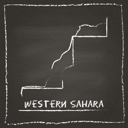 Western Sahara outline vector map hand drawn with chalk on a blackboard. Chalkboard scribble in childish style. White chalk texture on black background.のイラスト素材