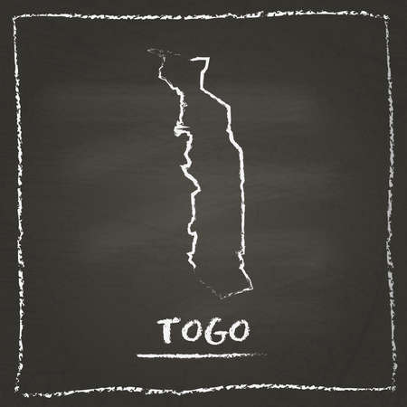 Togo outline vector map hand drawn with chalk on a blackboard. Chalkboard scribble in childish style. White chalk texture on black background.のイラスト素材
