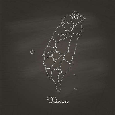 Taiwan region map: hand drawn with white chalk on school blackboard texture. Detailed map of Taiwan regions. Vector illustration.のイラスト素材
