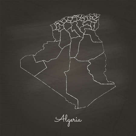 Algeria region map: hand drawn with white chalk on school blackboard texture. Detailed map of Algeria regions. Vector illustration.のイラスト素材