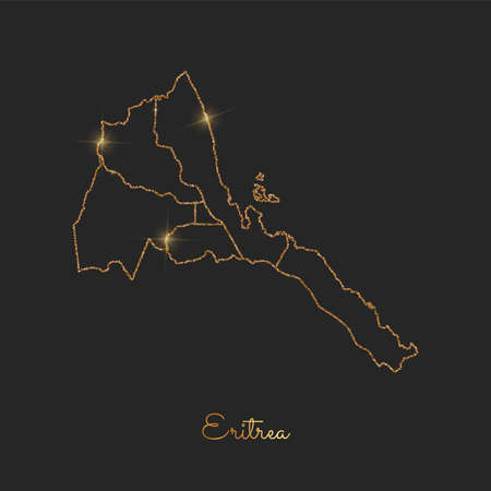 Eritrea region map: golden glitter outline with sparkling stars on dark background. Detailed map of Eritrea regions. Vector illustration.のイラスト素材