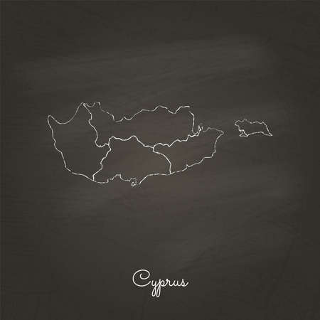 Cyprus region map: hand drawn with white chalk on school blackboard texture. Detailed map of Cyprus regions. Vector illustration.のイラスト素材